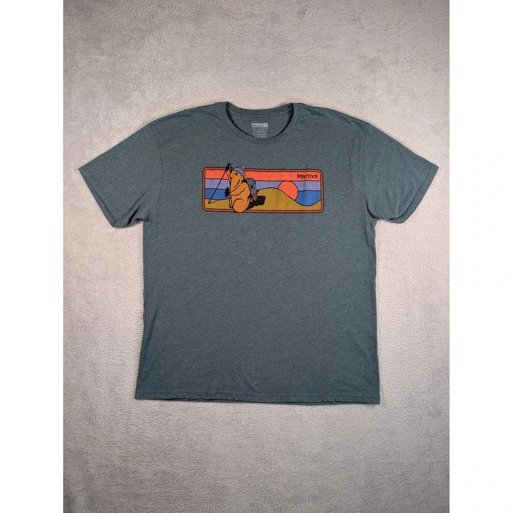Marmot Mens XL Graphic T-Shirt Blue Heather Hiking Marmot Organic Cotton Blend